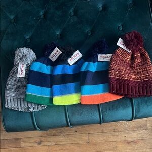 Kids' Colorful Pom-Pom Beanies ideal for 5-10 yr old boys - bundle of 5 hats